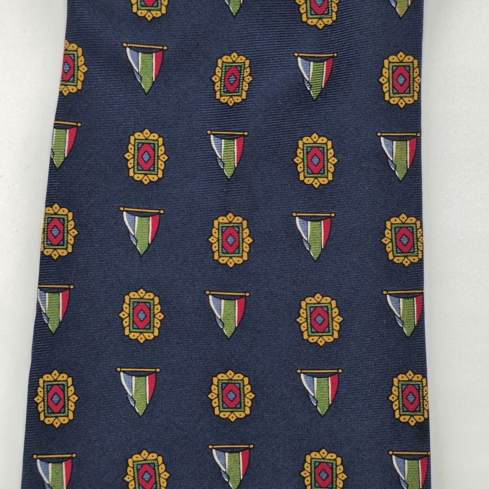 Tommy Hilfiger Men's Silk Tie Navy Blue Geometric Crest Shield Pattern Necktie - Picture 2 of 3